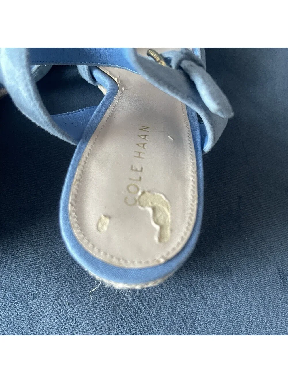Cole Haan Woman's 6B Jasmine  Espadrille Wedge Blue Suede Gold 3” Heel Sandals